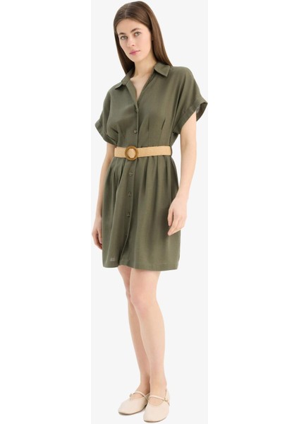 Gömlek Yaka Kemerli Keten Karışımlı Kısa Kollu Mini Elbise
