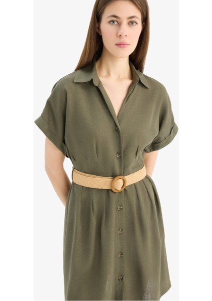 Gömlek Yaka Kemerli Keten Karışımlı Kısa Kollu Mini Elbise