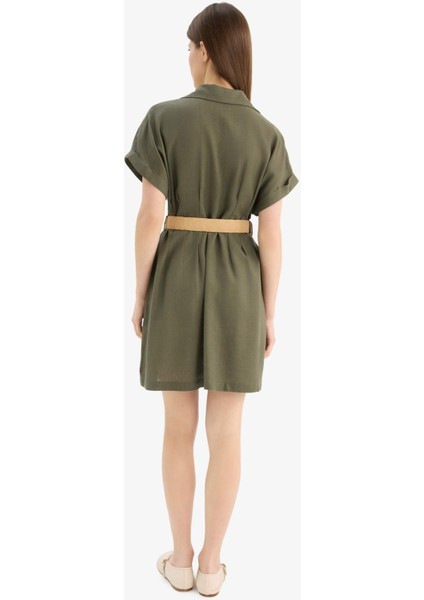 Gömlek Yaka Kemerli Keten Karışımlı Kısa Kollu Mini Elbise