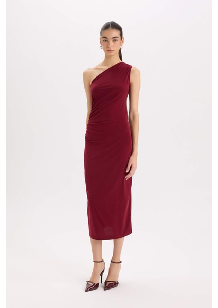 Bodycon Vücudu Saran Basic Düz Tek Omuzlu Bordo Midi Elbise E2469AX24WN