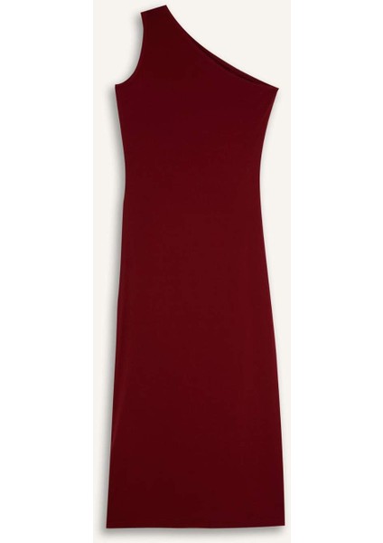 Bodycon Vücudu Saran Basic Düz Tek Omuzlu Bordo Midi Elbise E2469AX24WN