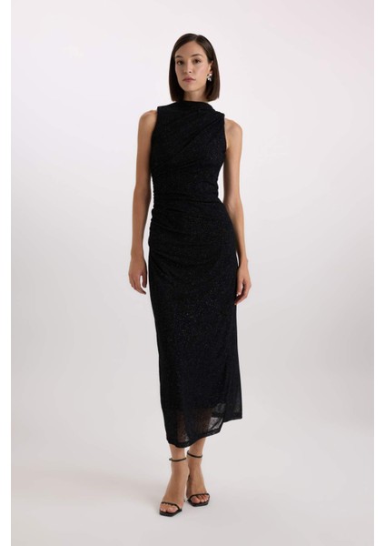 Fitted İşlemeli Kadife Kolsuz Maxi Elbise D9885AX24AU