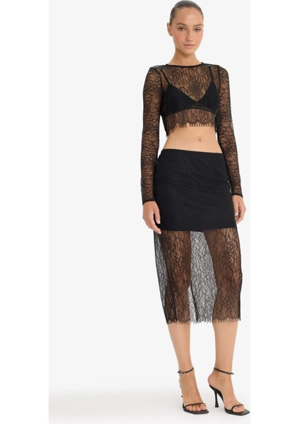 Slim Fit Dar Kesim Astarlı Midi Dantelli Etek E0465AX24AU