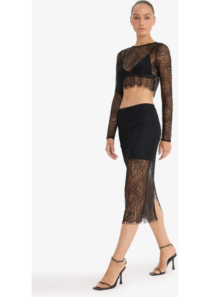 Slim Fit Dar Kesim Astarlı Midi Dantelli Etek E0465AX24AU