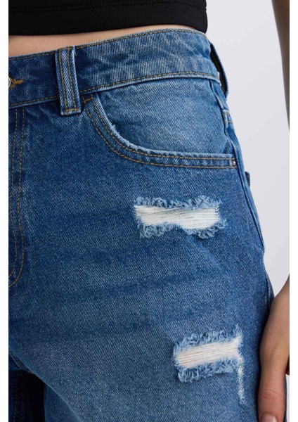 Boyfriend Yüksek Bel Katlamalı Paça Jean Şort