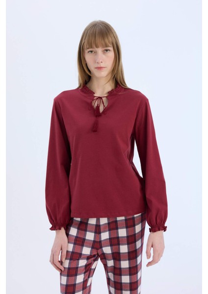 Pijama Takımı Regular Fit Uzun Kollu Üst Kareli Uzun Alt-Fall in Love E2353AX24WN