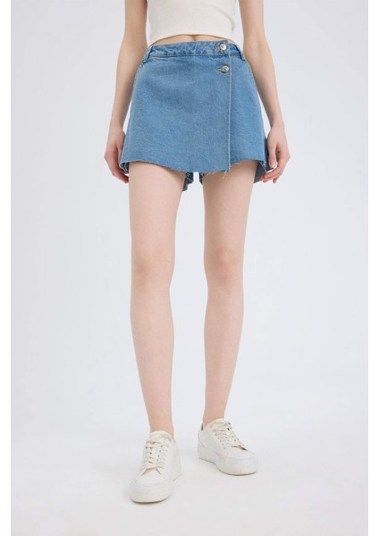 Yüksek Bel Jean Şort Etek