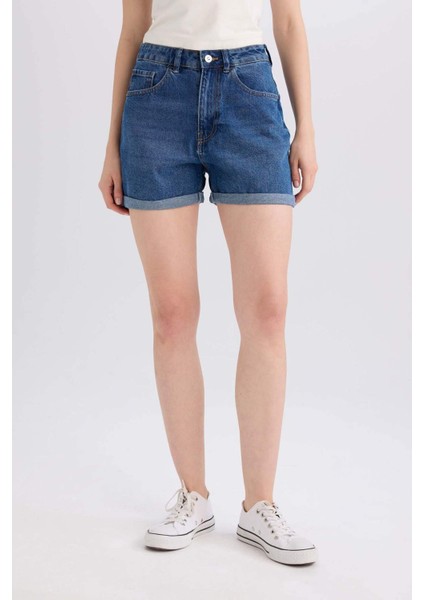 Mom Fit Yüksek Bel Katlamalı Paça Jean Şort