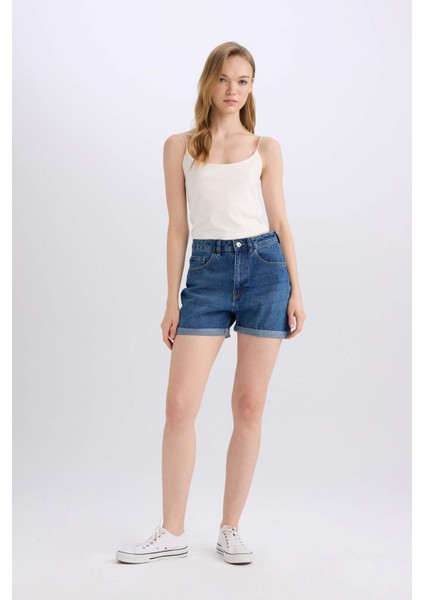 Mom Fit Yüksek Bel Katlamalı Paça Jean Şort
