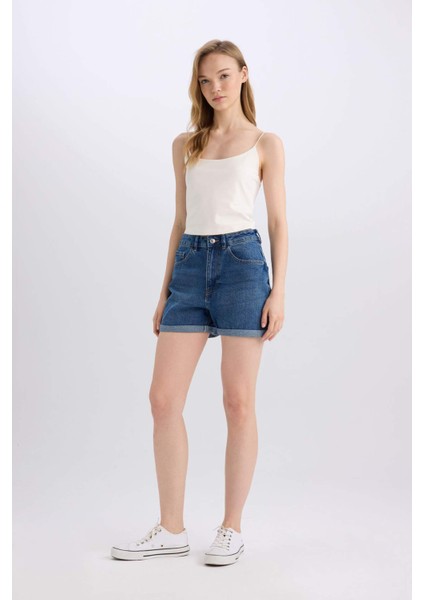 Mom Fit Yüksek Bel Katlamalı Paça Jean Şort