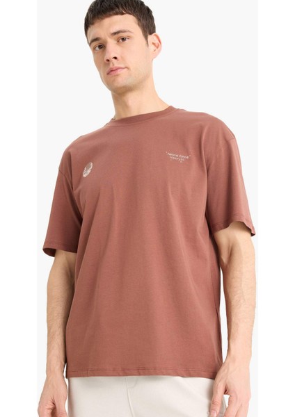 %100 Pamuk Boxy Fit Bisiklet Yaka Sırt Baskılı Kısa Kollu Tişört E1698AX25SM