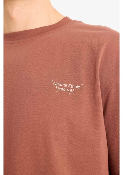 %100 Pamuk Boxy Fit Bisiklet Yaka Sırt Baskılı Kısa Kollu Tişört E1698AX25SM