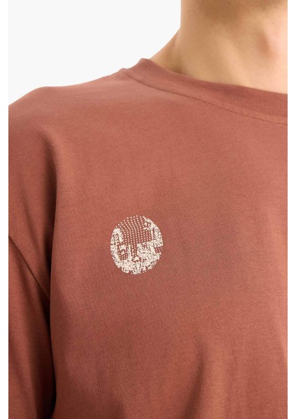 %100 Pamuk Boxy Fit Bisiklet Yaka Sırt Baskılı Kısa Kollu Tişört E1698AX25SM