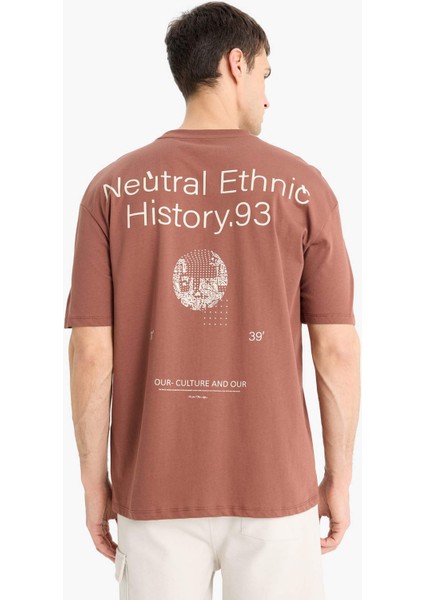 %100 Pamuk Boxy Fit Bisiklet Yaka Sırt Baskılı Kısa Kollu Tişört E1698AX25SM