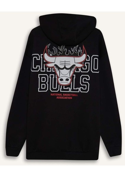 Fit NBA Chicago Bulls Boxy Fit Kapüşonlu Sırt Baskıllı Kalın Sweatshirt D6574AX25SP