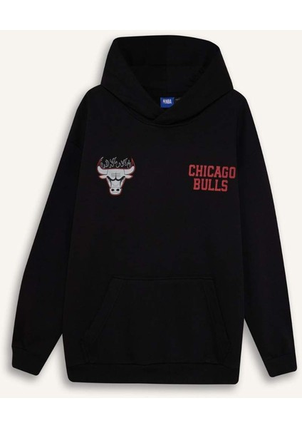 Fit NBA Chicago Bulls Boxy Fit Kapüşonlu Sırt Baskıllı Kalın Sweatshirt
