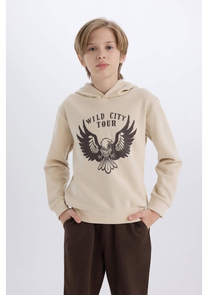 Erkek Çocuk 2'li Takım Kapüşonlu Baskılı Sweatshirt Beli Lastikli Eşofman Altı E1931A824CW