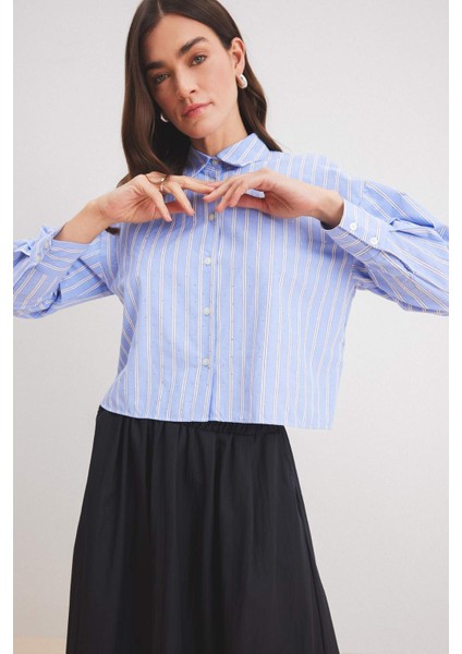 Relax Fit Çizgili Poplin Uzun Kollu Gömlek E1261AX25SP