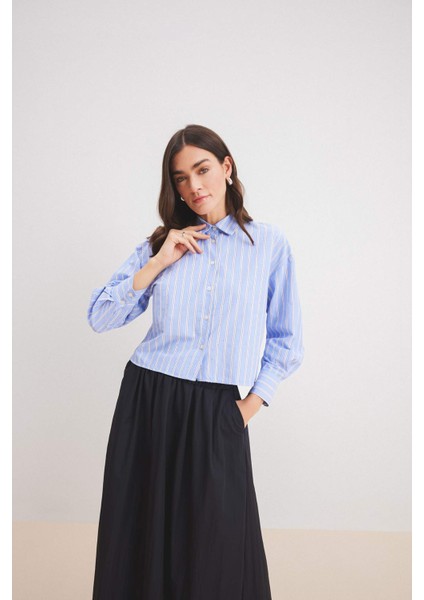 Relax Fit Çizgili Poplin Uzun Kollu Gömlek E1261AX25SP