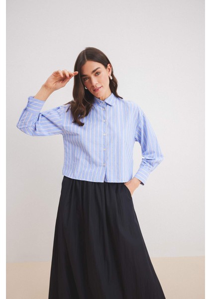 Relax Fit Çizgili Poplin Uzun Kollu Gömlek E1261AX25SP