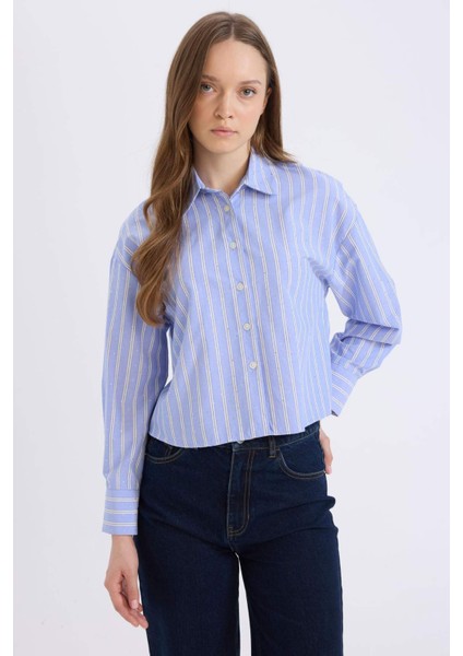 Relax Fit Çizgili Poplin Uzun Kollu Gömlek E1261AX25SP