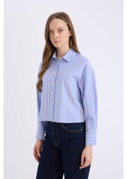 Relax Fit Çizgili Poplin Uzun Kollu Gömlek E1261AX25SP