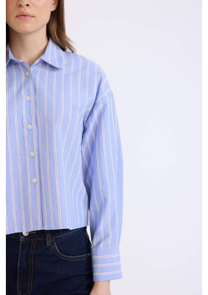 Relax Fit Çizgili Poplin Uzun Kollu Gömlek E1261AX25SP