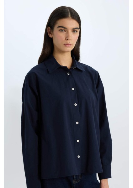 Oversize Geniş Kalıp Poplin Basic Düz Uzun Kollu Gömlek E2677AX24WN