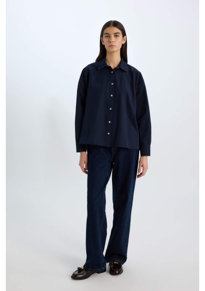 Oversize Geniş Kalıp Poplin Basic Düz Uzun Kollu Gömlek E2677AX24WN