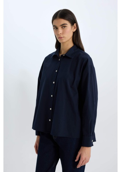 Oversize Geniş Kalıp Poplin Basic Düz Uzun Kollu Gömlek E2677AX24WN
