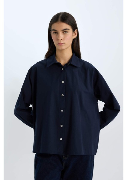 Oversize Geniş Kalıp Poplin Basic Düz Uzun Kollu Gömlek E2677AX24WN