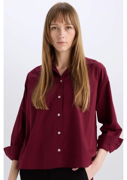 Oversize Geniş Kalıp Poplin Basic Düz Uzun Kollu Gömlek E2677AX24WN