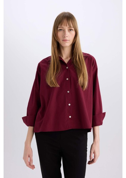 Oversize Geniş Kalıp Poplin Basic Düz Uzun Kollu Gömlek E2677AX24WN