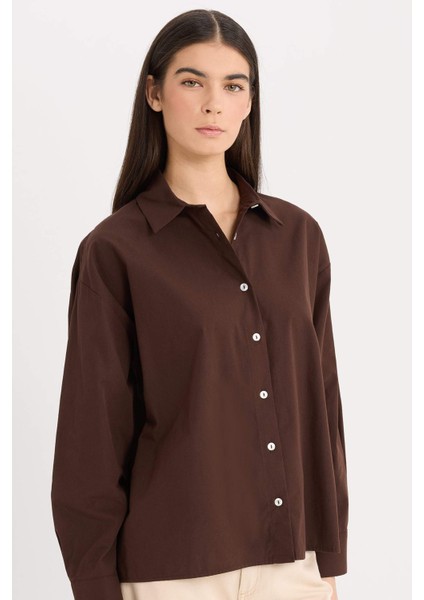 Oversize Geniş Kalıp Poplin Basic Düz Uzun Kollu Gömlek E2677AX24WN