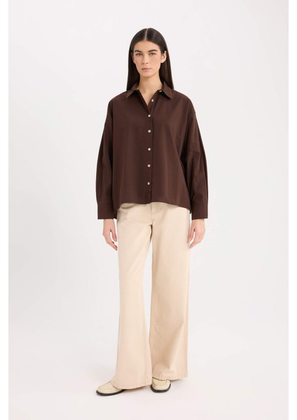Oversize Geniş Kalıp Poplin Basic Düz Uzun Kollu Gömlek E2677AX24WN