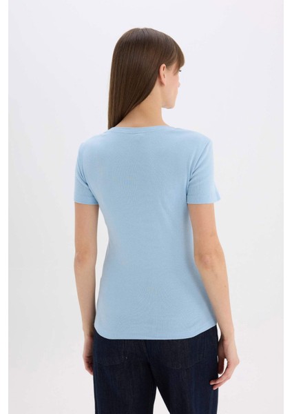 Slim Fit Dar Kesim V Yaka Basic Düz Ribana Kısa Kollu Tişört I1080AZ25SP