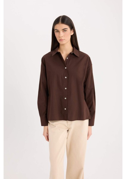 Oversize Geniş Kalıp Poplin Basic Düz Uzun Kollu Gömlek E2677AX24WN