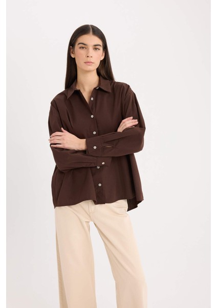 Oversize Geniş Kalıp Poplin Basic Düz Uzun Kollu Gömlek E2677AX24WN