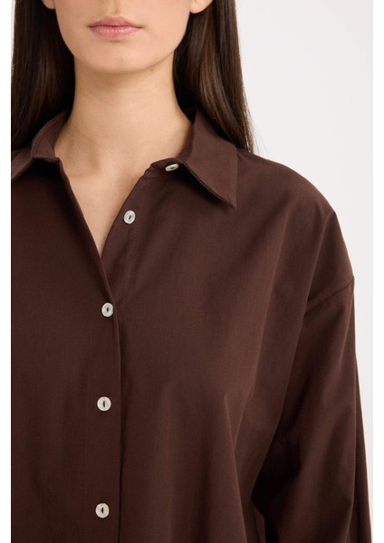 Oversize Geniş Kalıp Poplin Basic Düz Uzun Kollu Gömlek E2677AX24WN