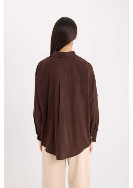 Oversize Geniş Kalıp Poplin Basic Düz Uzun Kollu Gömlek E2677AX24WN