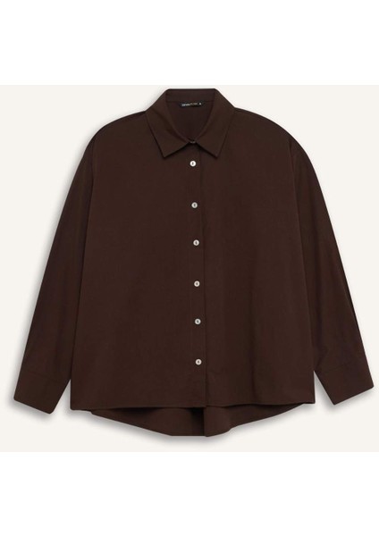 Oversize Geniş Kalıp Poplin Basic Düz Uzun Kollu Gömlek E2677AX24WN