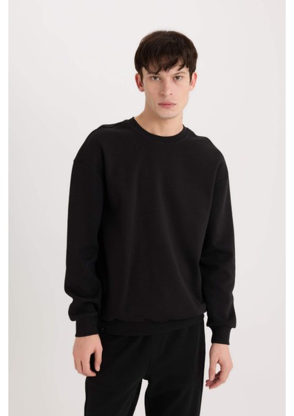 Boxy Fit Bisiklet Yaka Basic Düz Pike Sweatshirt E1519AX25SP