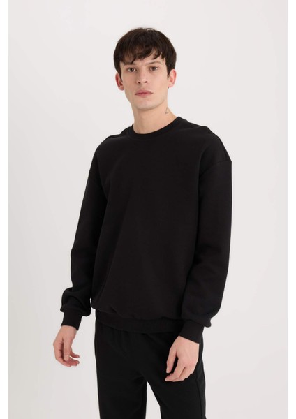 Boxy Fit Bisiklet Yaka Basic Düz Pike Sweatshirt E1519AX25SP