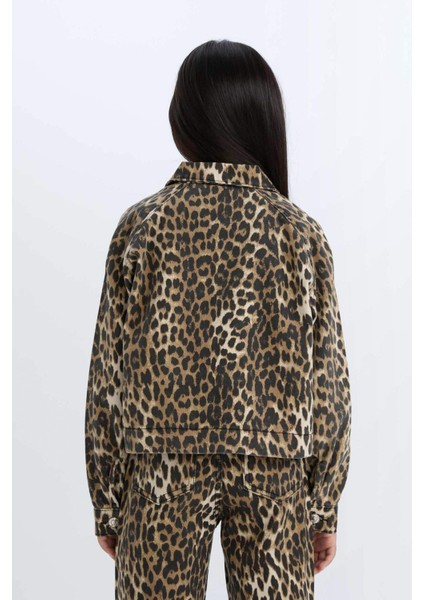 Kız Çocuk Leopar Desenli Düğmeli Gabardin Uzun Kollu Gömlek Ceket E2773A824WN