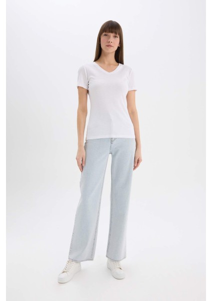 Slim Fit Dar Kesim V Yaka Basic Düz Ribana Kısa Kollu Tişört