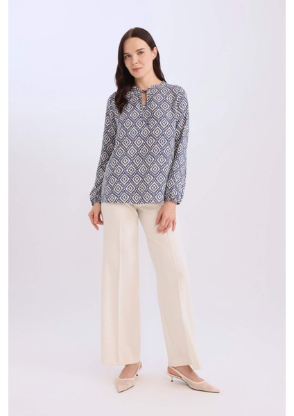 Regular Fit Bağcıklı Yaka Desenli Uzun Kollu Bluz N1809AZ25SP