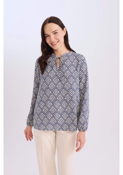 Regular Fit Bağcıklı Yaka Desenli Uzun Kollu Bluz N1809AZ25SP