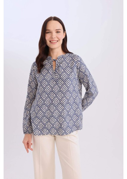 Regular Fit Bağcıklı Yaka Desenli Uzun Kollu Bluz N1809AZ25SP