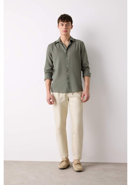 %100 Pamuk Relax Fit Rahat Kesim Düz Paça Keten Görünümlü Yazlık Kumaş Pantolon D4251AX25SM