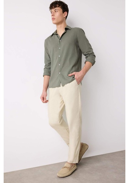 %100 Pamuk Relax Fit Rahat Kesim Düz Paça Keten Görünümlü Yazlık Kumaş Pantolon D4251AX25SM